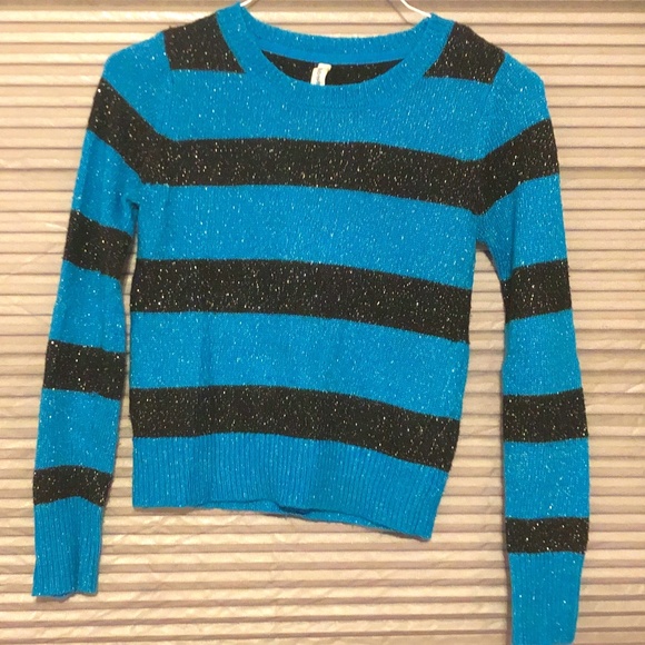 Cool Aeropostale Blue black Stripe Sparkle knit Sweater Long sleeves shimmer top - Picture 2 of 13